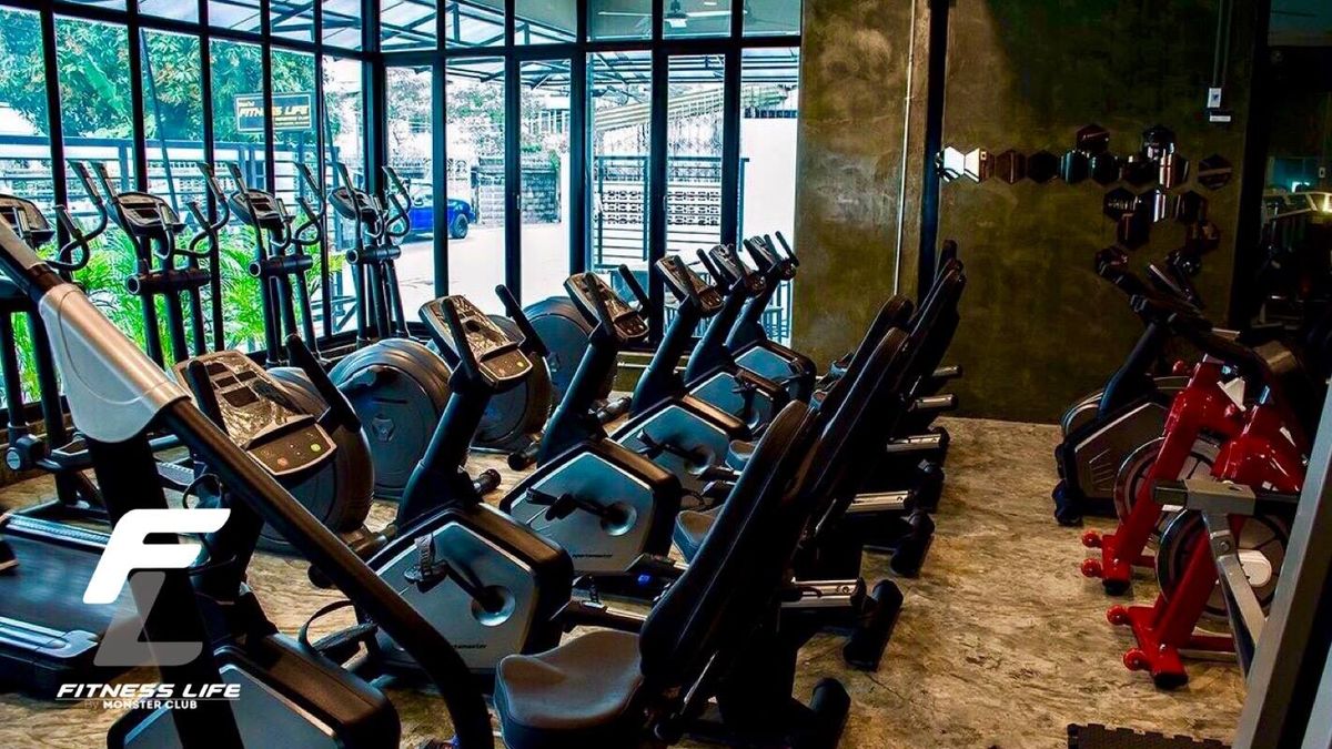 Elliptical machines and exercise bikes in the cardio area at Fitness Life